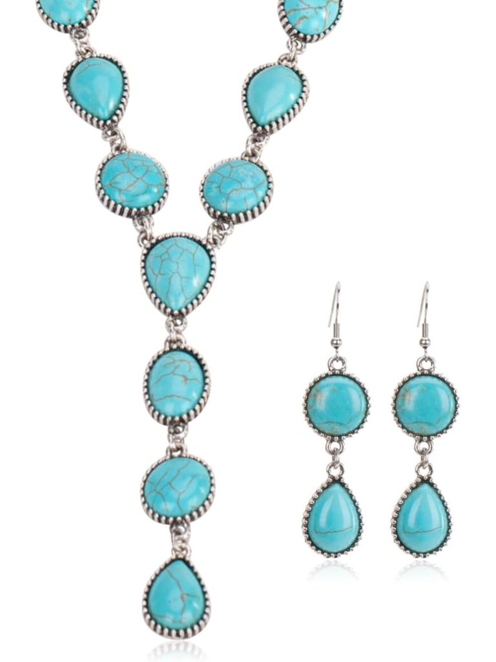 Western Turquoise Necklace Earrings Set Silver Tone Statement Cowgirl